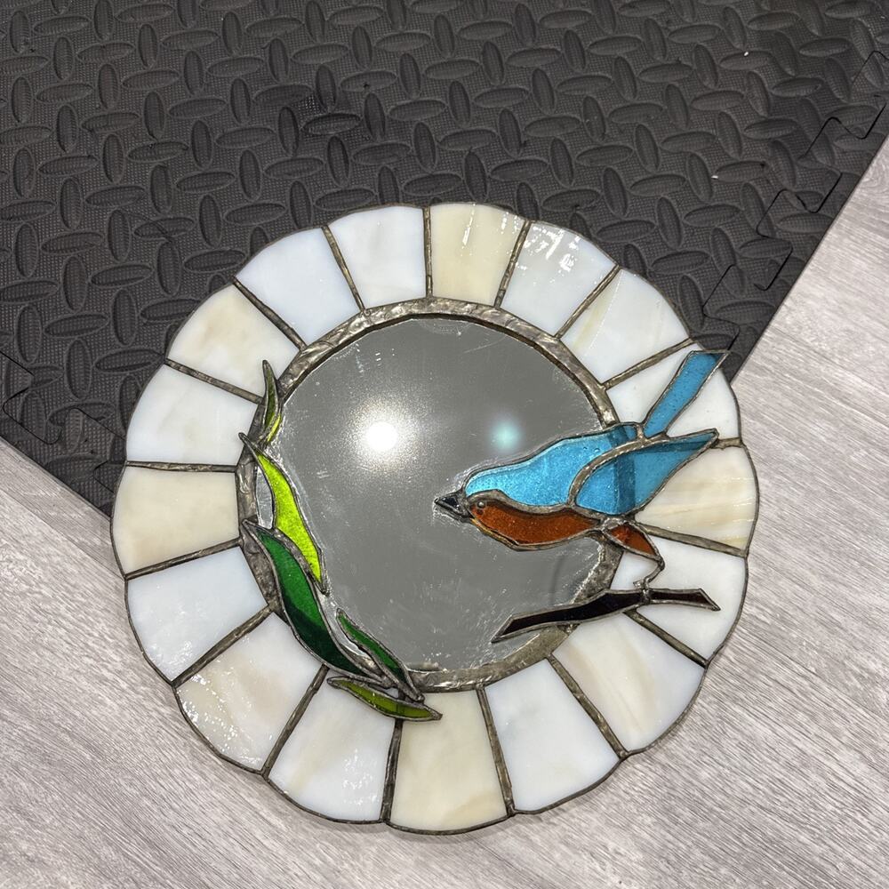 Vintage Stained Glass Bird Mirror Bluebird Wall Hanging Handmade Round 12” Decor